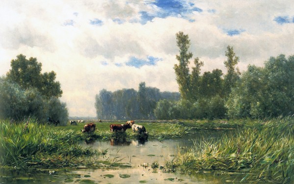 Cows at the waterside by Willem Roelofs